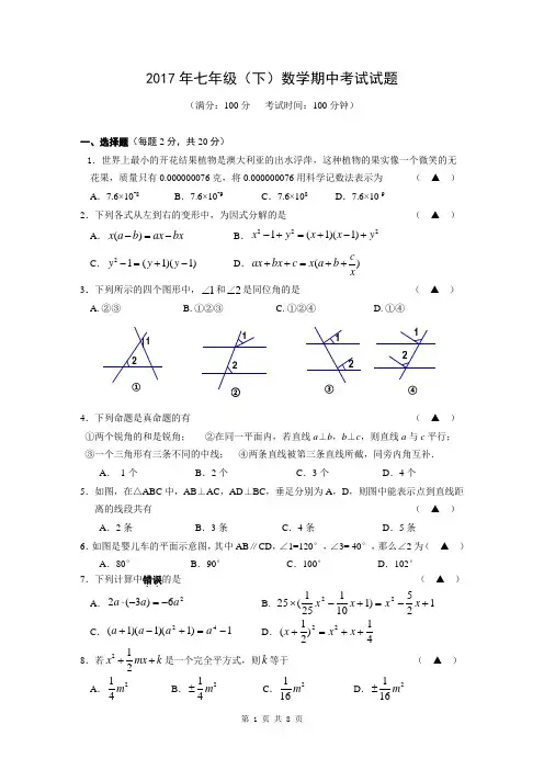 2017年七年级(下)数学期中考试试卷及答案