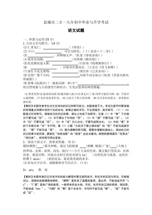 2019年江苏盐城中考语文试卷及答案解析