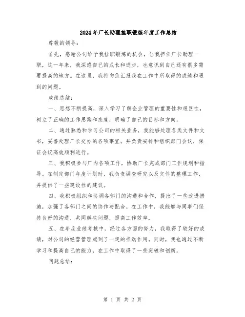 2024年厂长助理挂职锻炼年度工作总结