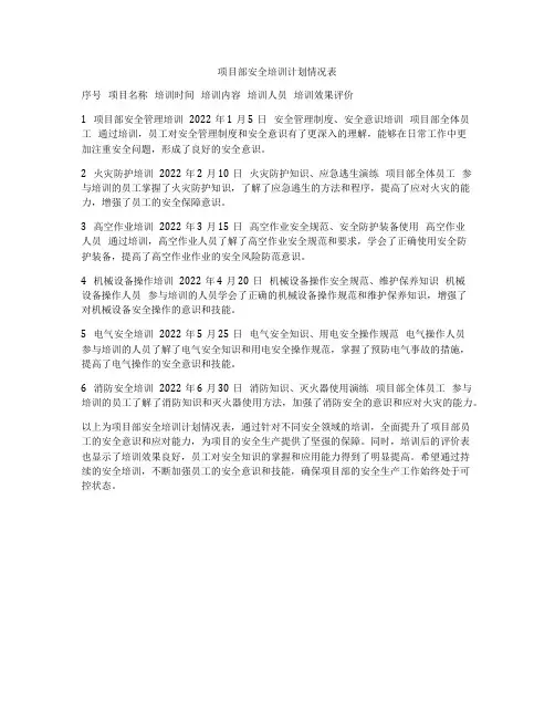项目部安全培训计划情况表