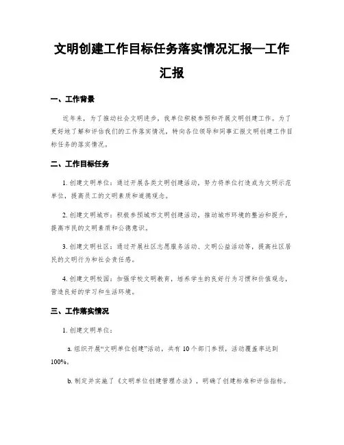文明创建工作目标任务落实情况汇报—工作汇报