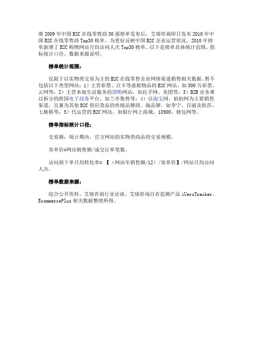 2010年中国B2C在线零售商Top30榜单发布