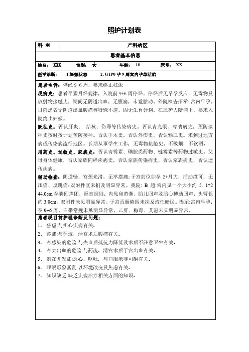 产科(照护计划表)