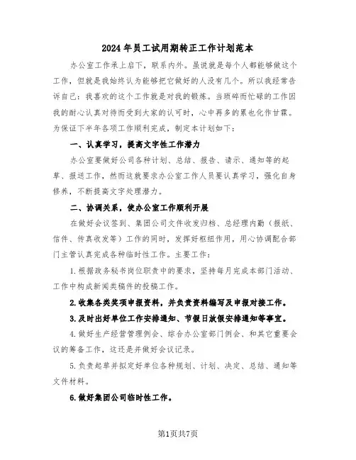2024年员工试用期转正工作计划范本(四篇)
