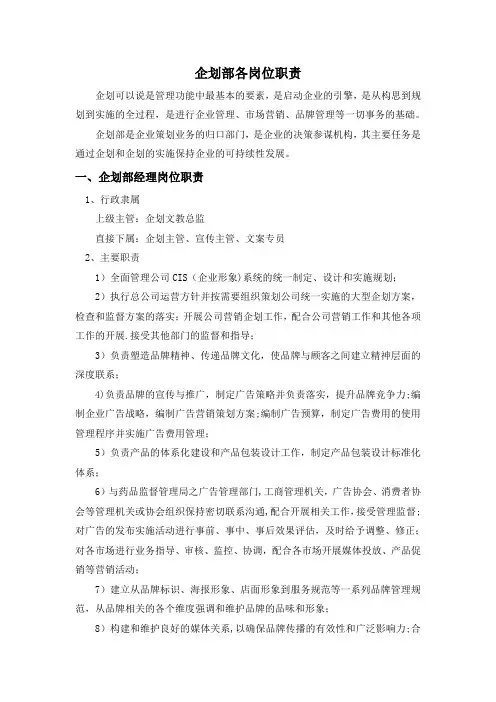 企划部各职能岗位职责