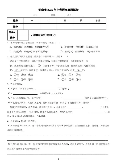 河南省2020年中考语文真题试卷(含答案)
