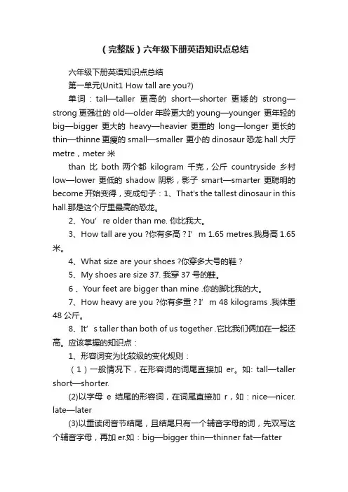 （完整版）六年级下册英语知识点总结