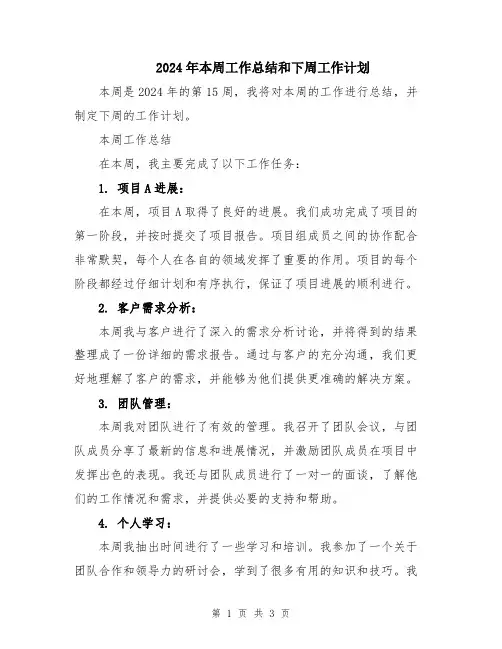 2024年本周工作总结和下周工作计划