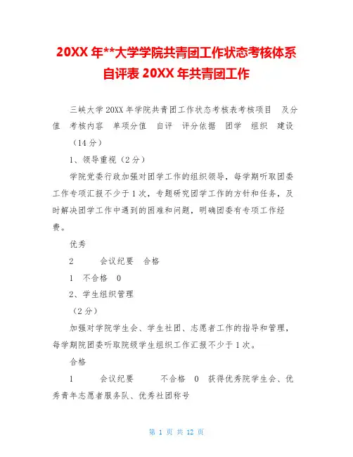 20XX年--大学学院共青团工作状态考核体系自评表20XX年共青团工作
