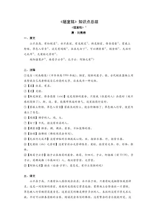 八年级上册语文 《陋室铭》知识点总结
