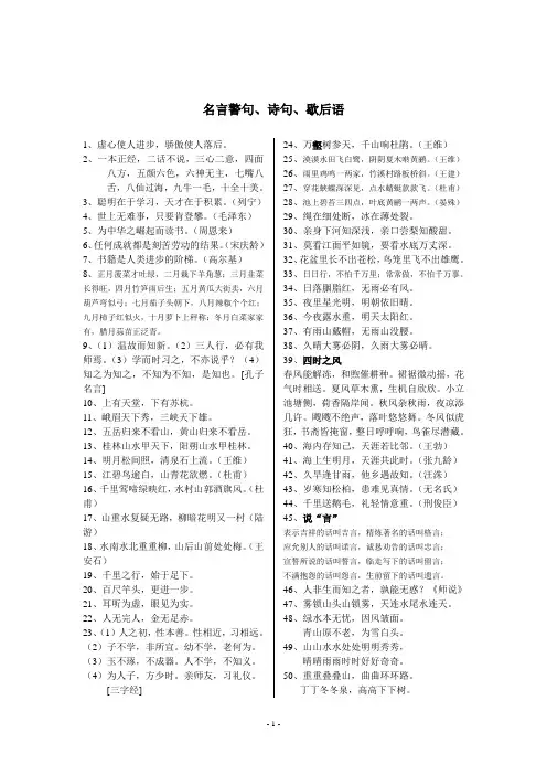 小学语文人教实验版1~6年课后名言警句、诗句、歇后语