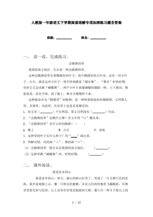 人教版一年级语文下学期阅读理解专项加深练习题含答案