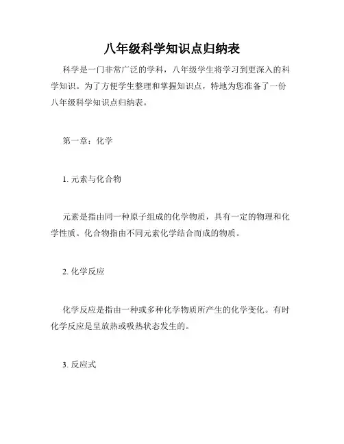 八年级科学知识点归纳表