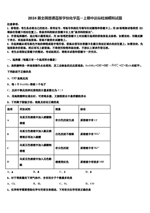 2024届全国普通高等学校化学高一上期中达标检测模拟试题含解析