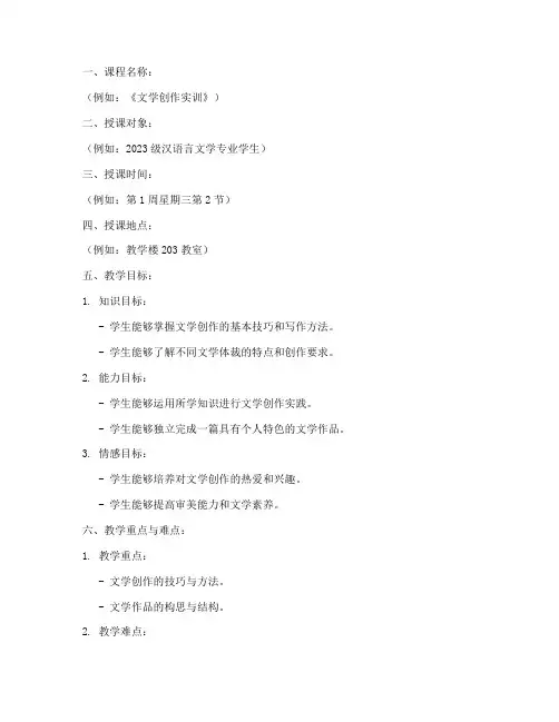 文科专业实训课教案模板