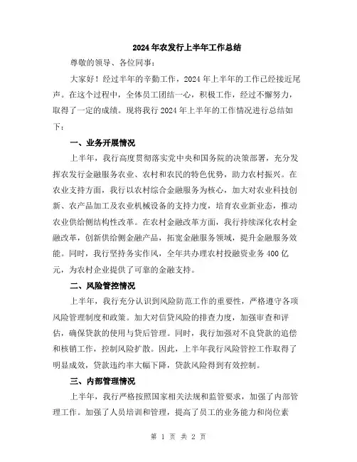 2024年农发行上半年工作总结