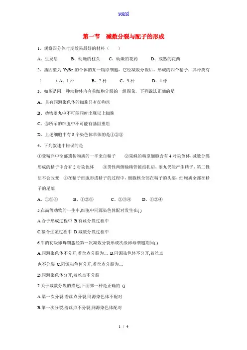 高中生物单元试题：减数分裂与配子形成中图版必修2