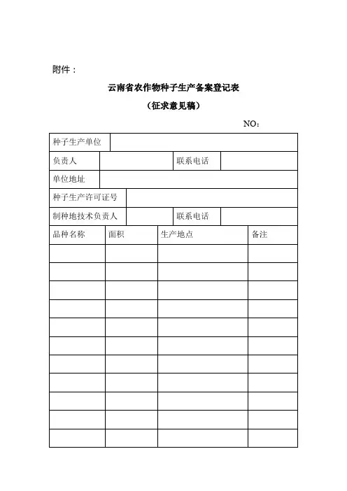 云南省农作物种子生产备案登记表