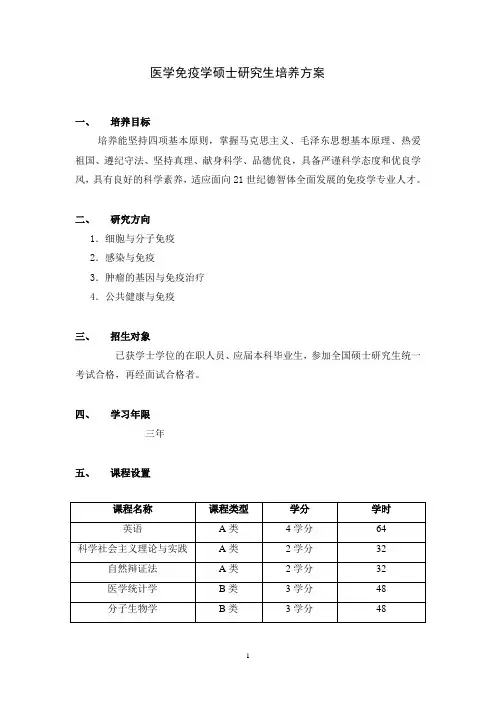 免疫学硕士研究生培养方案