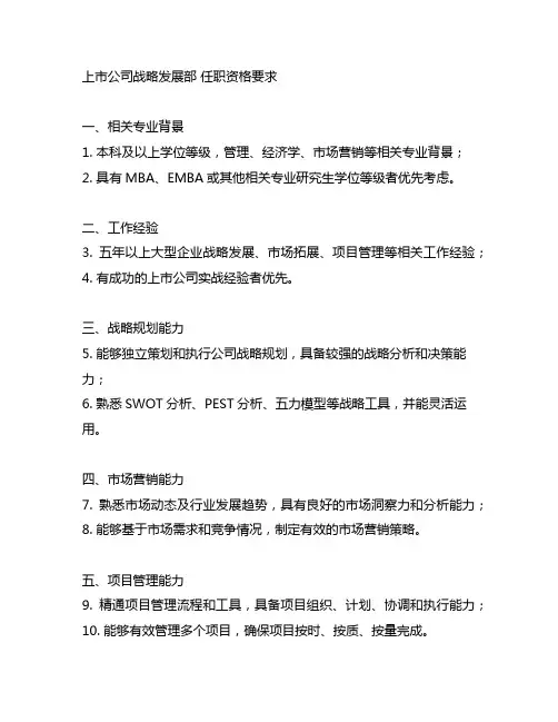 上市公司战略发展部 任职资格要求