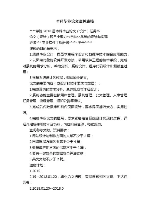 本科毕业论文各种表格