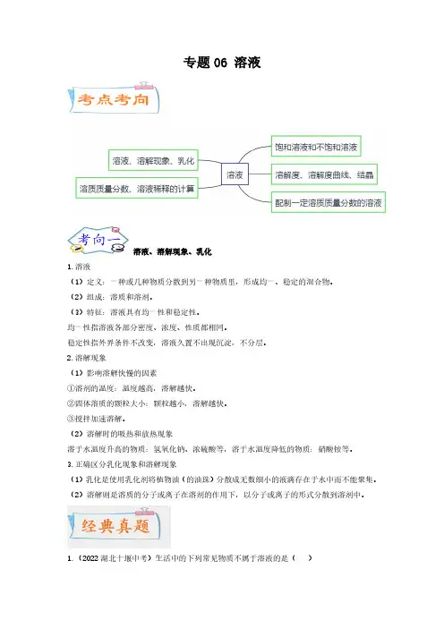 中考化学微专题考点详解：专题06 溶液(学生版)
