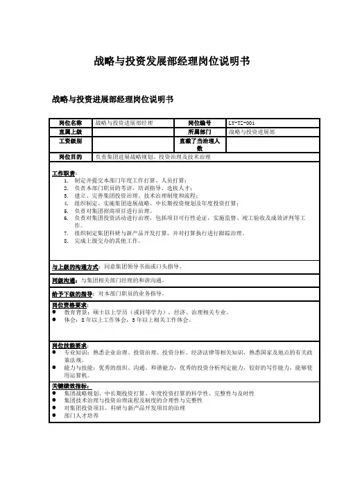 战略与投资发展部经理岗位说明书