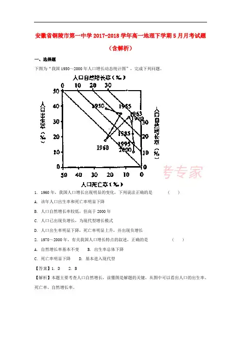 安徽省铜陵市第一中学2017-2018学年高一地理下学期5月月考试题(含解析)