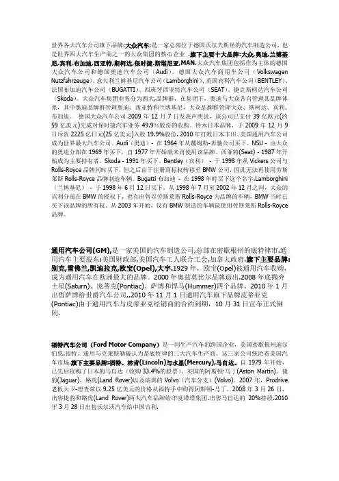 世界各大汽车公司旗下品牌