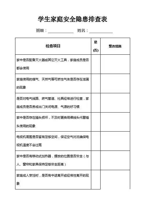 校园安全隐患排查及家庭安全隐患排查学生调查表