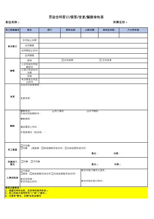 劳动合同管理台账及劳动合同签订续签变更解除审批表