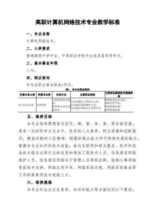 高职计算机网络技术专业教学标准