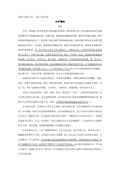 2020年中考语文记叙文阅读《天马雄风》练习及答案