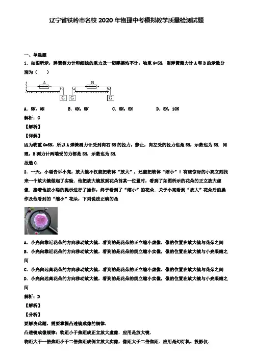 辽宁省铁岭市名校2020年物理中考模拟教学质量检测试题(含答案有解析)