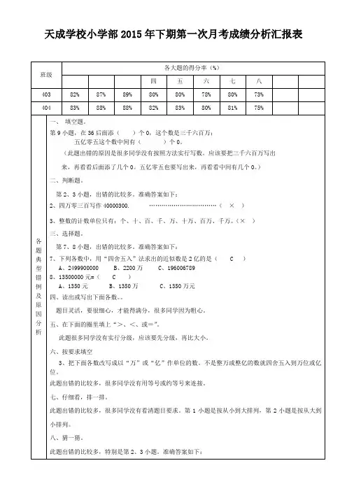 403 404班数学第一次月考成绩分析汇报表