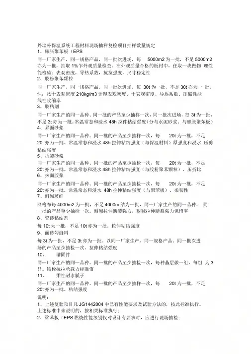 《外墙外保温系统工程材料现场抽样复检项目抽样数量规定》
