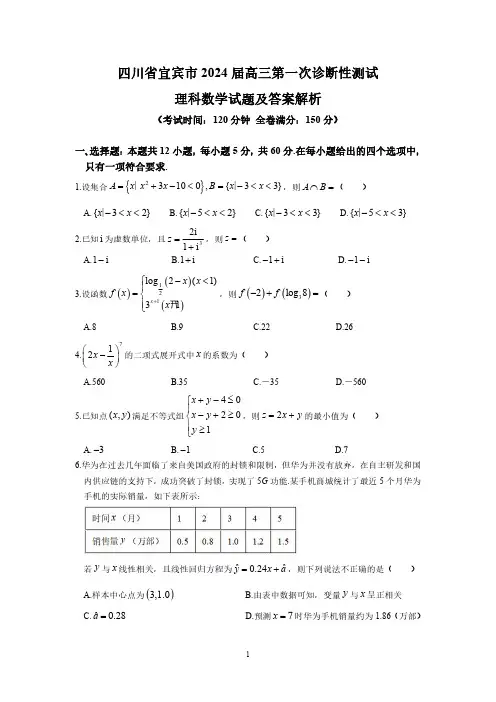四川省宜宾市2024届高三第一次诊断性测试理科数学试题及答案解析