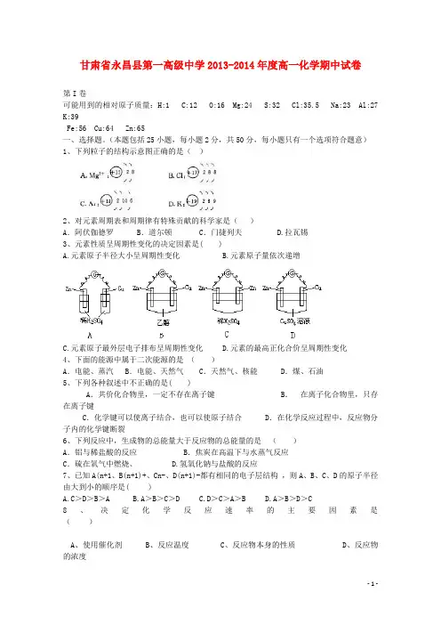 甘肃省永昌县第一高级中学20132014年度高一化学期中试卷
