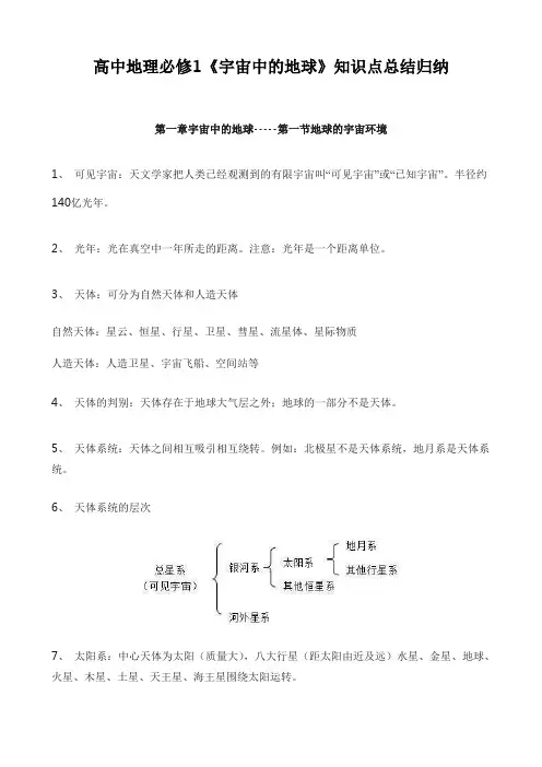 高中地理必修1《宇宙中的地球》知识点总结归纳