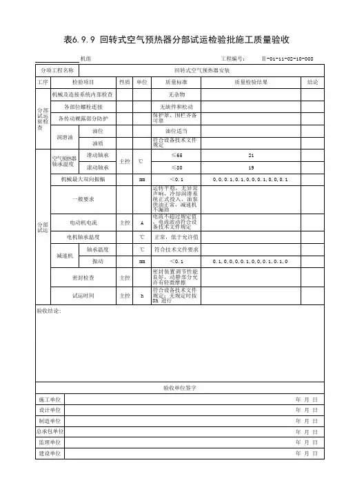 回转式空气预热器安装分部试运检验批质量验收表