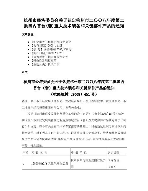 杭州市经济委员会关于认定杭州市二〇〇八年度第二批国内首台(套)重大技术装备和关键部件产品的通知