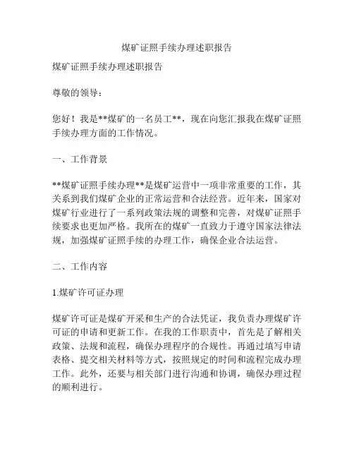 煤矿证照手续办理述职报告