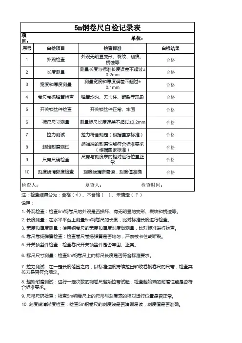 5m钢卷尺自检记录表