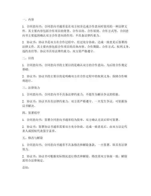 合同意向书协议书的异同