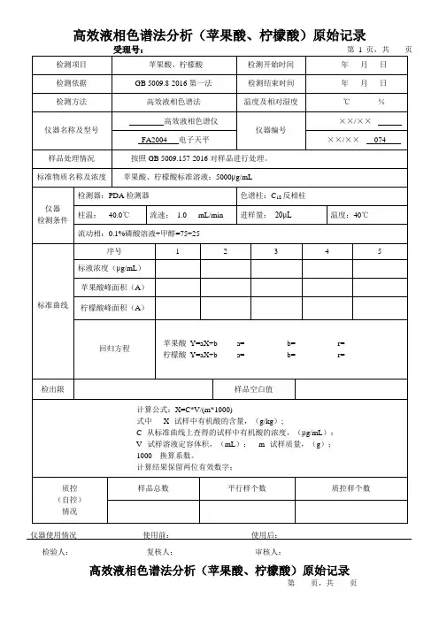 高效液相色谱法分析(苹果酸、柠檬酸)原始记录