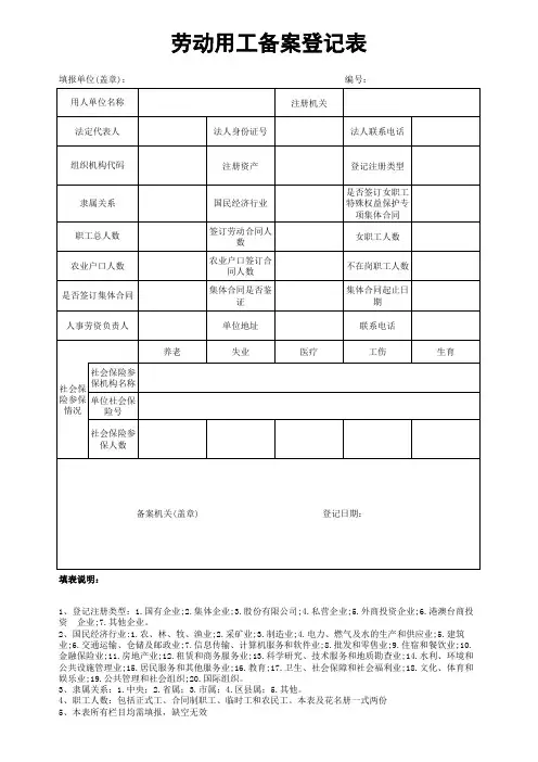 劳动用工备案登记表