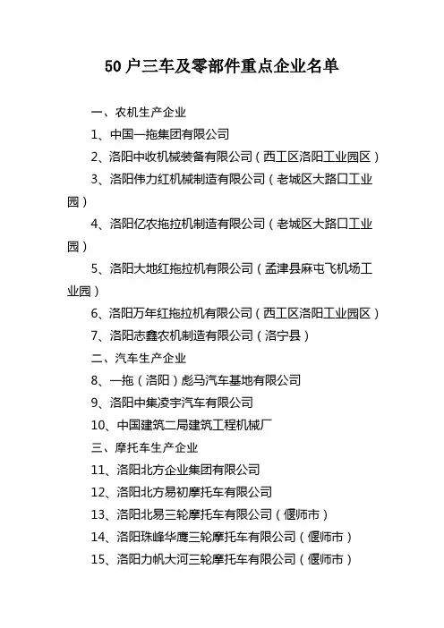 洛阳50户三车及零部件重点企业名单