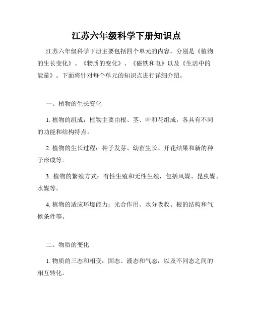 江苏六年级科学下册知识点