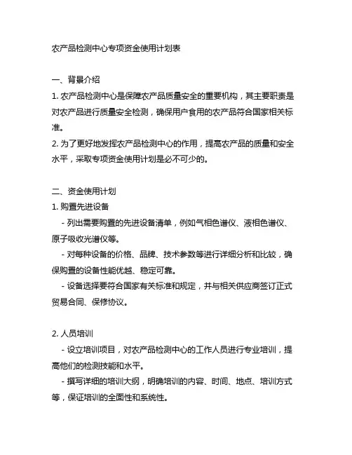 农产品检测中心专项资金使用计划表