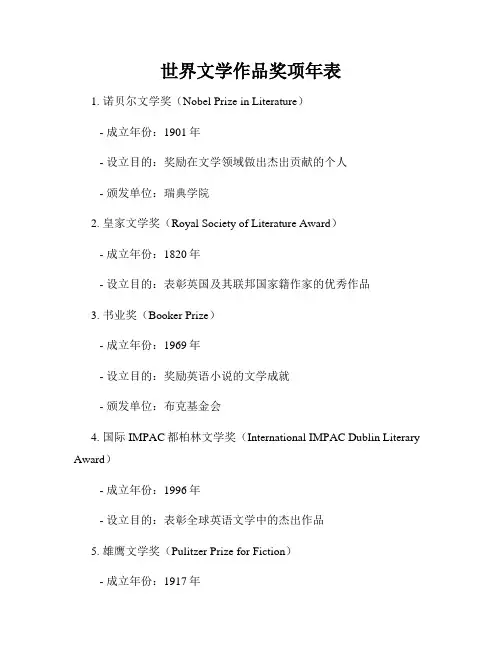 世界文学作品奖项年表